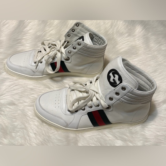 Gucci White High-Top Sneakers with Green and Red Web Stripe - Picture 6 of 12